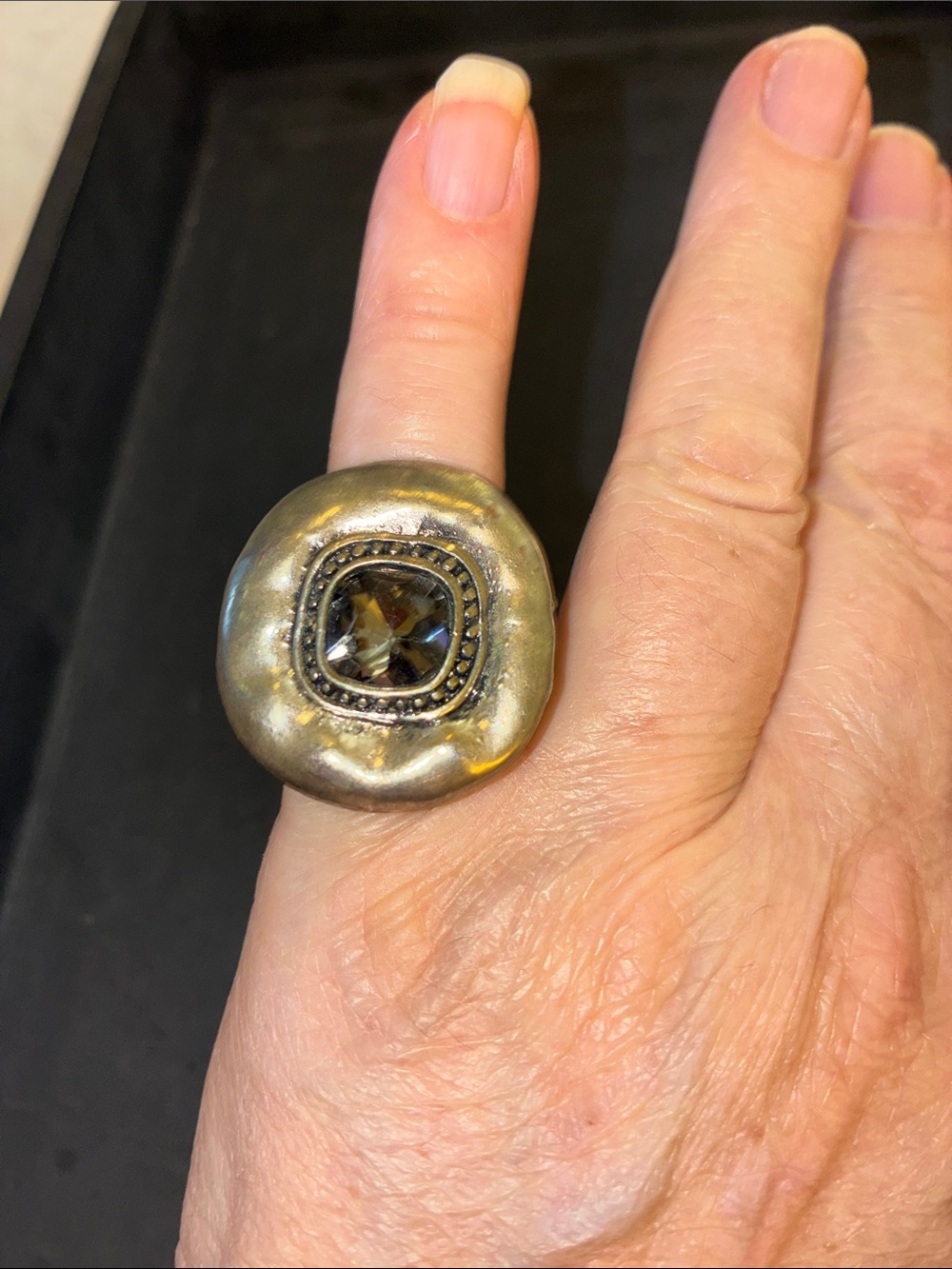 Statement Silver Tone Ring with Smoky Crystal Accent